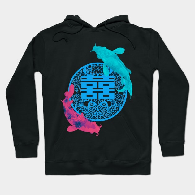 Double Happiness Koi Fish - Yoga Calm Vibe Turquoise and Pink Hoodie by CRAFTY BITCH